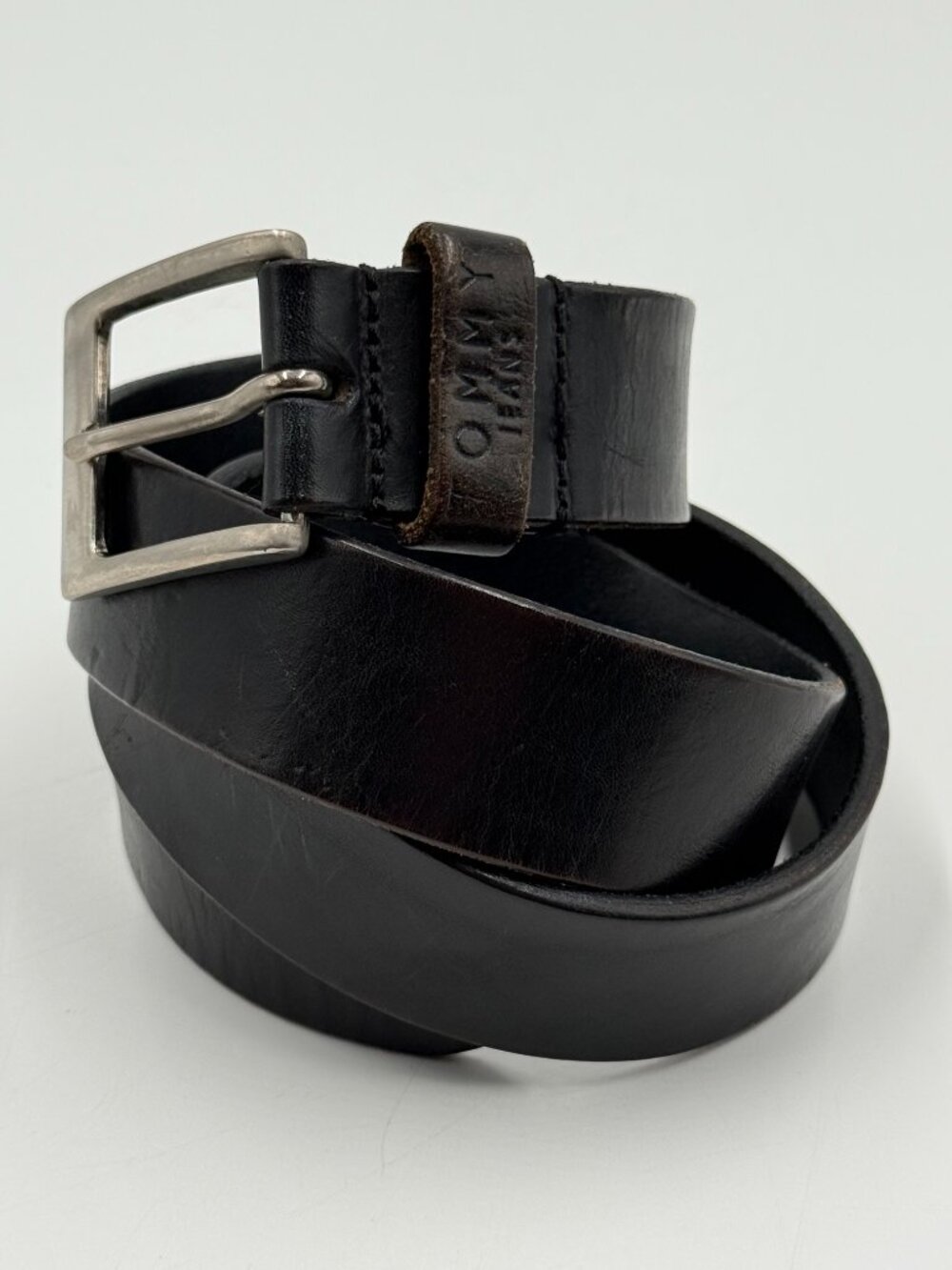 Tommy Hilfiger Jeans Genuine Leather Belt Size 34 Black Silver Tone Buckle 1.25"